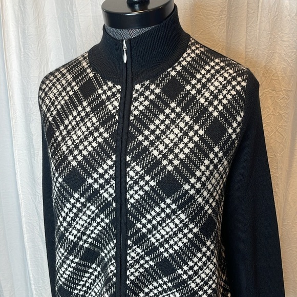 Pendleton Womens Merino Wool Zip Up Sweater Jacket Black White Plaid Sz PS - Picture 4 of 6